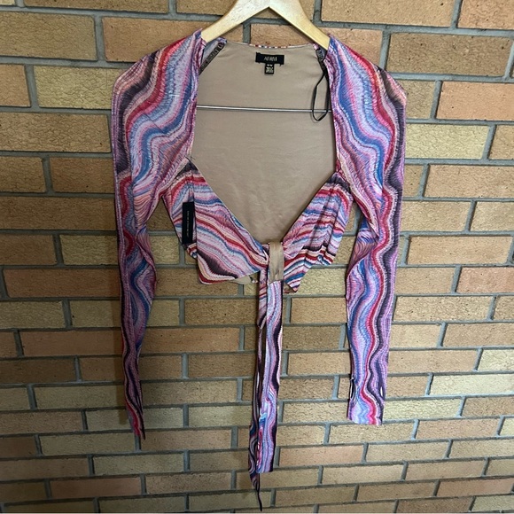 NWT AFRM Multi Wave Cordelia Wrap Top Cross Neck Long Sleeve Size Medium - Picture 2 of 6